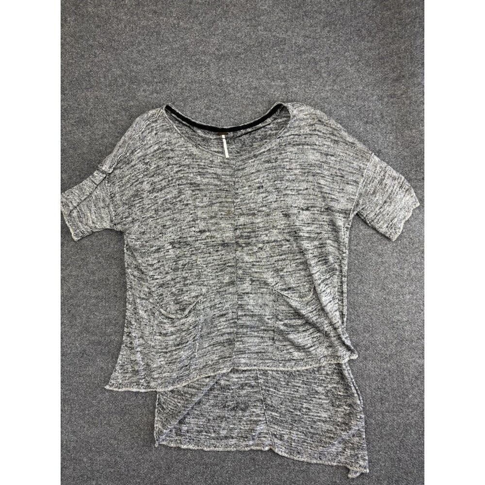 Free People Sweater Womens Small Gray Linen Blend Boxy High Low‎ Pocket Pullover